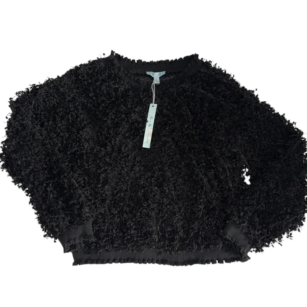 NWT Black Fuzzy Sweater Women’s Sherpa Cropped Knitted Witchy Crew Neck Size L - Picture 2 of 6